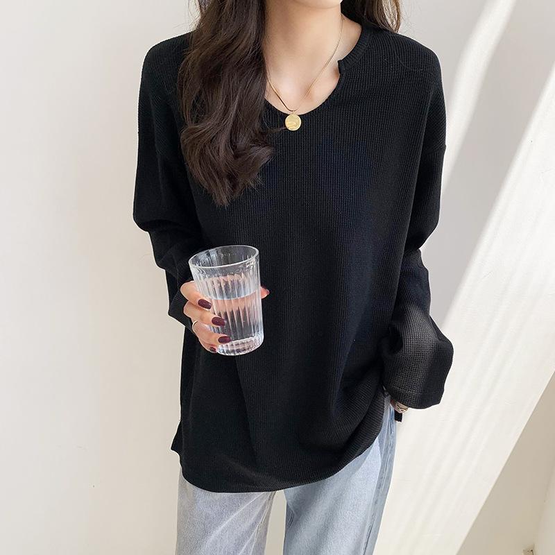 Повседневные свободные женские футболки в вафельную клетку, весна-лето, хлопковые женские футболки с длинными рукавами и v-образным вырезом, топы