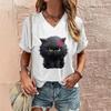 Summer Women's T Shirt Cat Print Casual Short Sleeve 3D T-Shirts Fashion Street Wear V-Neck Pullover Female Oversized Clothing