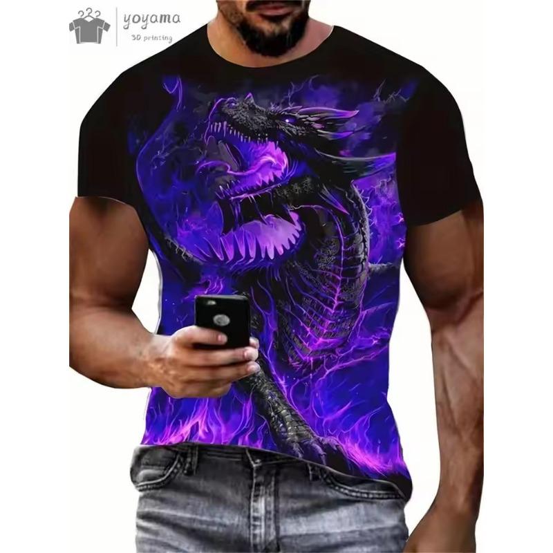 Мужская футболка из хлопковой смеси с принтом дракона - стильный круглый вырез, удобная и дышащая, для летней повседневной носки, горячая распродажа
