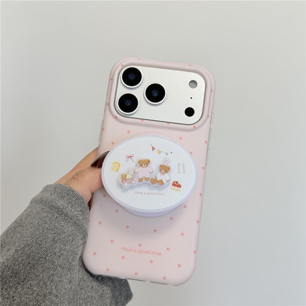 Розовый чехол для iPhone в горошек в корейском стиле: Защита от падения, 16Pro Магнитный, 15PM Медведь-подставка, 14/13 Матовый