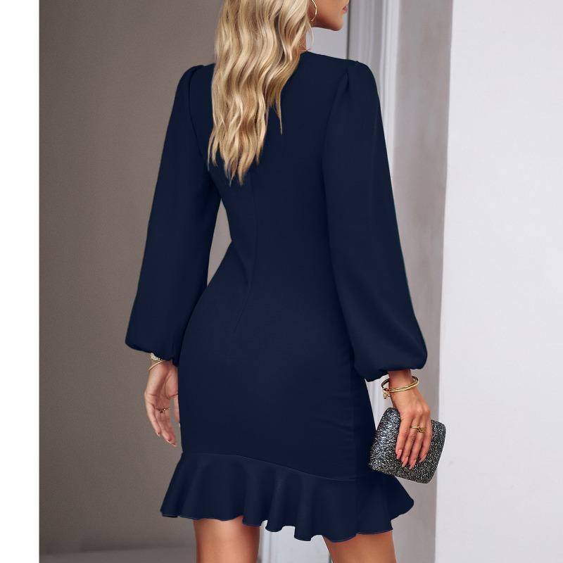 Women Bubble Sleeve Dress Solid Color Fishtail Party Dresses