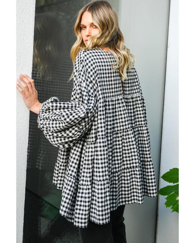 Azura Exchange Черная клетчатая свободная блузка Babydoll с рукавами-фонариками