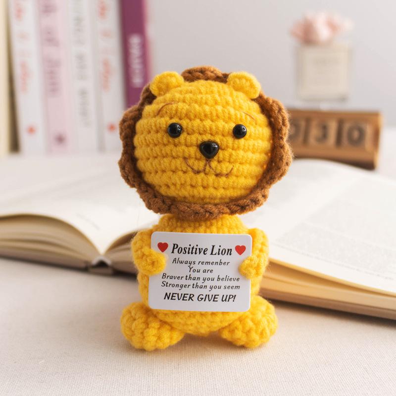 Positive Crochet Lion Doll with Card Home Room Decor Handmade Knitting Emotional Support Lion Animal Ornament Christmas Gift
