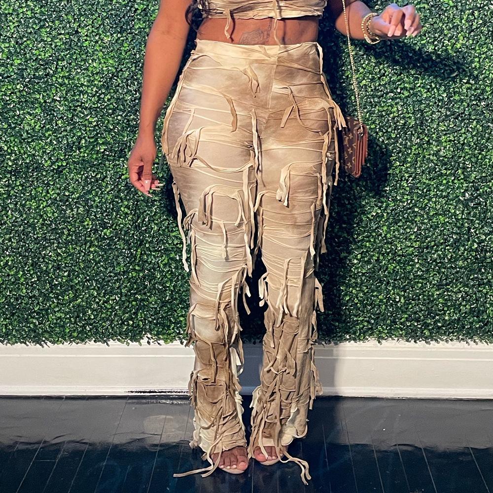 Новые женские джинсы с осенним окрашиванием тай-дай и бахромой, потертый дизайн, бохо, стритвир, повседневные джинсовые брюки с бахромой по низу, художественные мешковатые брюки