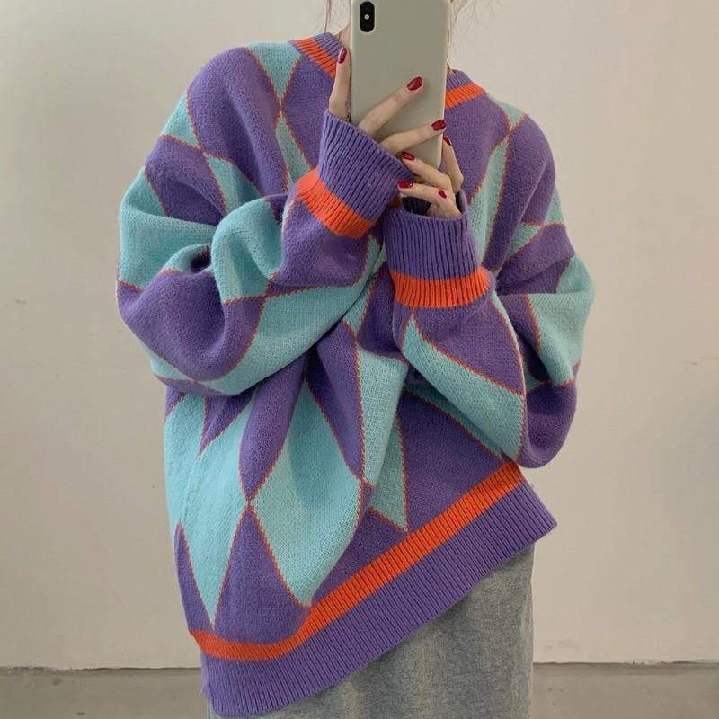 Осенние женские пуловеры, повседневный свободный свитер с длинными рукавами, модный ромбовидный узор, круглый вырез, трикотаж, зимняя теплая уличная одежда