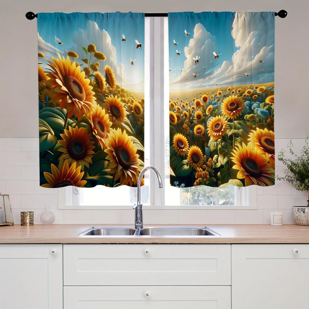 2 шт., полупрозрачные шторы с акварельным цветочным принтом, многосценные стержни, карманный декор, шторы для гостиной, спальни, домашний декор