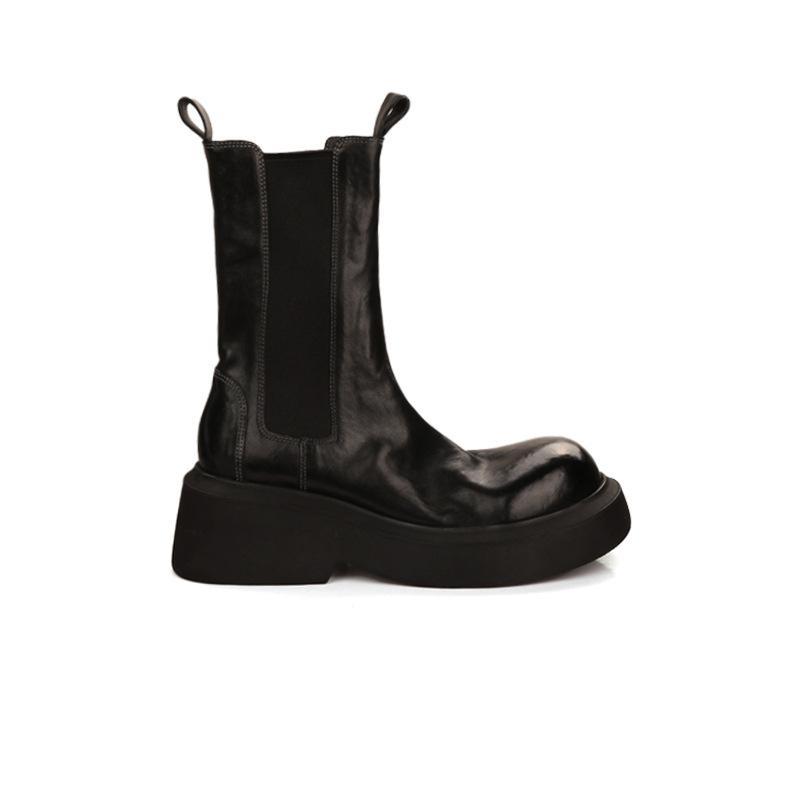 Виноградная Мама Западные Челси Сигаретные Ботинки Женские Ретро Потертые Средней Длины Эластичные Ботинки Маленькие Толстоподошвенные Ботинки на Высокой Платформе