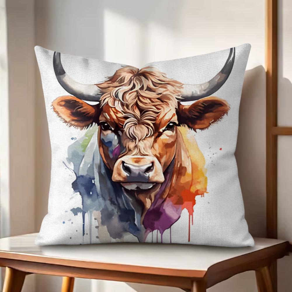 Highland cow  flower Cushion Cover Natural Linen Organic Fabric DoubleSided Printing Couch Pillow Covers Home Decor Gift