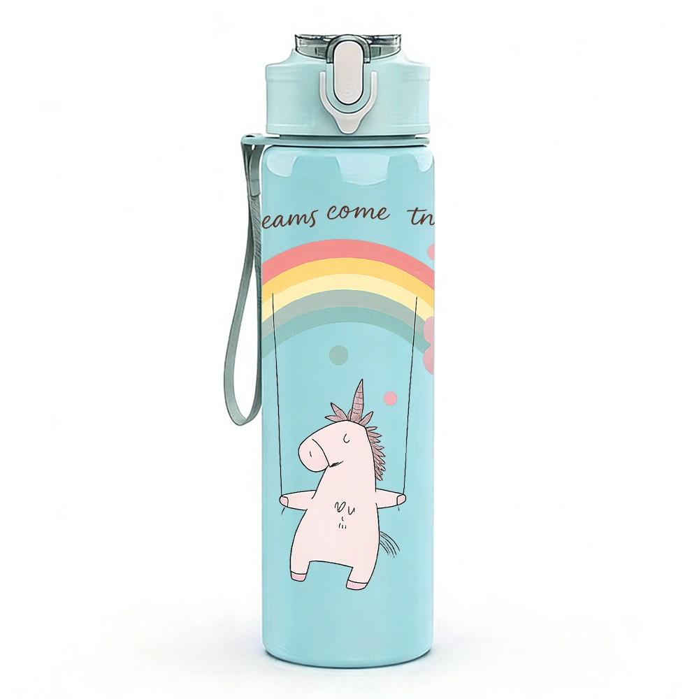 1PC Pastel Rainbow Unicorn Cloud 750ml Color Plastic Sports Water Bottle Leakproof Flip Straw Lid Suitable for Sports Office Home Use