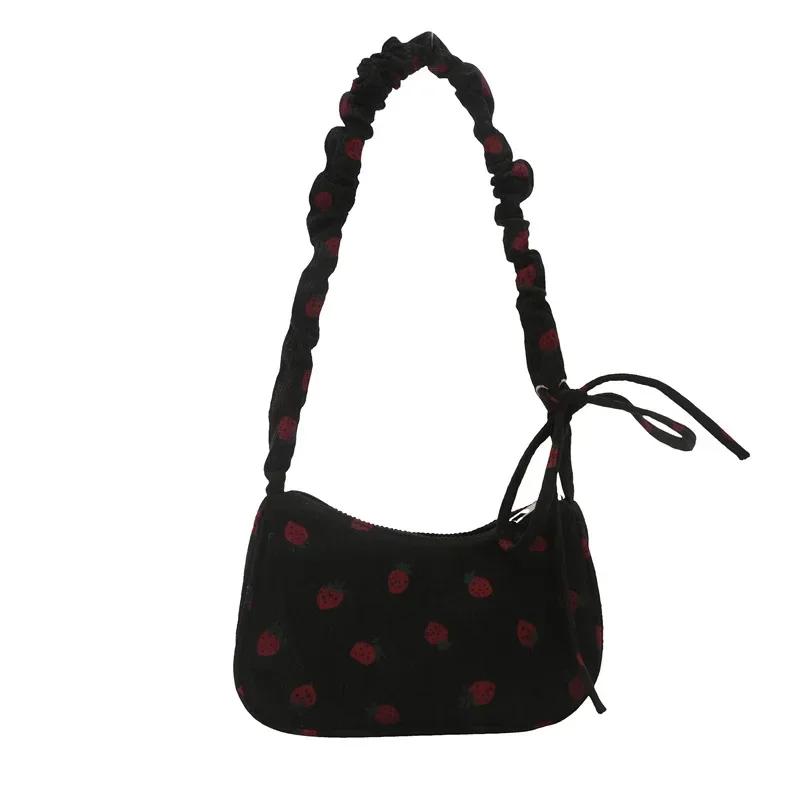Corduroy Sweet Strawberry Crossbody Bag Cute Small Underarm Bag Fashion Trendy Zipper Handbag Mini Shoulder Bags Tote
