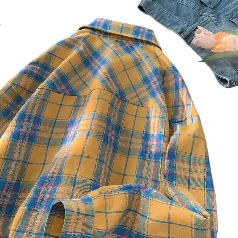 IZEXX American Retro Yellow Plaid Long-Sleeve Shirt for Men And Women, Spring Loose Fit BF Shirt Jacket IX01 Yellow M