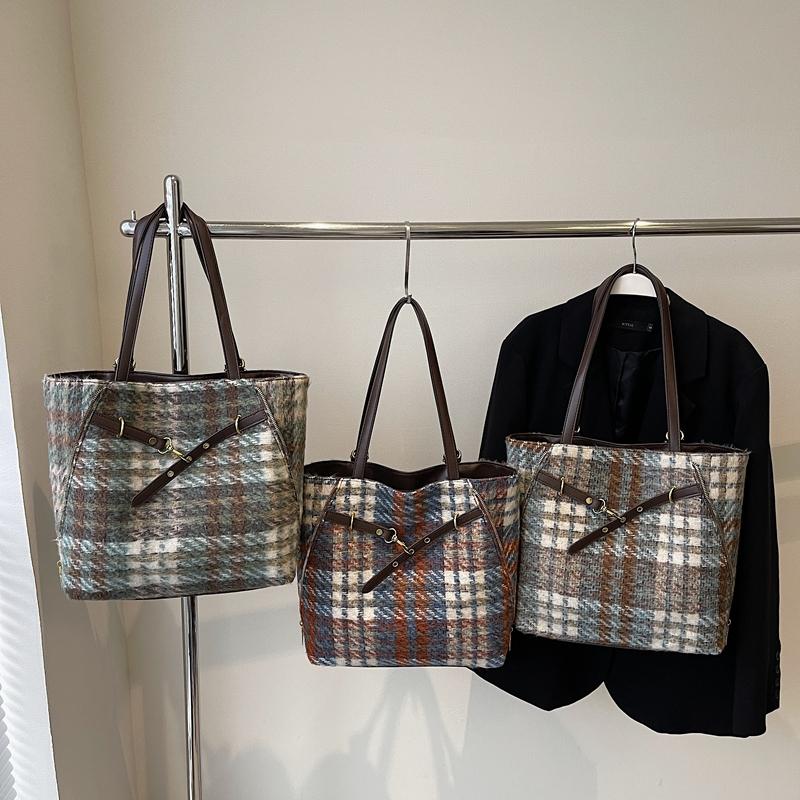 Шерстяная клетчатая сумка-тоут большой емкости женская сумка через плечо винтажная сумка