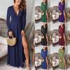 Deep V Neck Long Sleeve Model Dress Pleated High Waist Split Party Evening Solid Color Dress