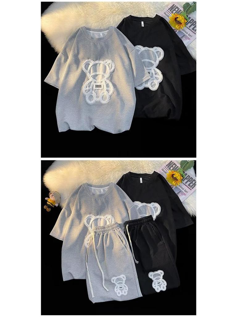 Мужской летний комплект из шорт с короткими рукавами и принтом медведя