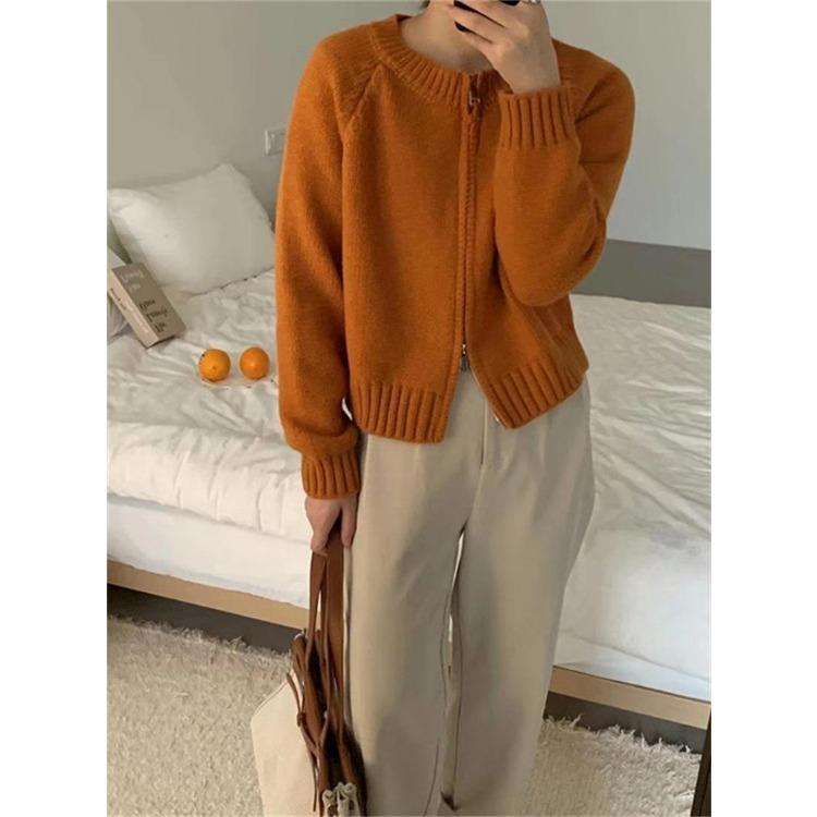 Korean Style Short Solid Color Knitted Sweater for Women New Double Zipper Knitted Cardigan Top