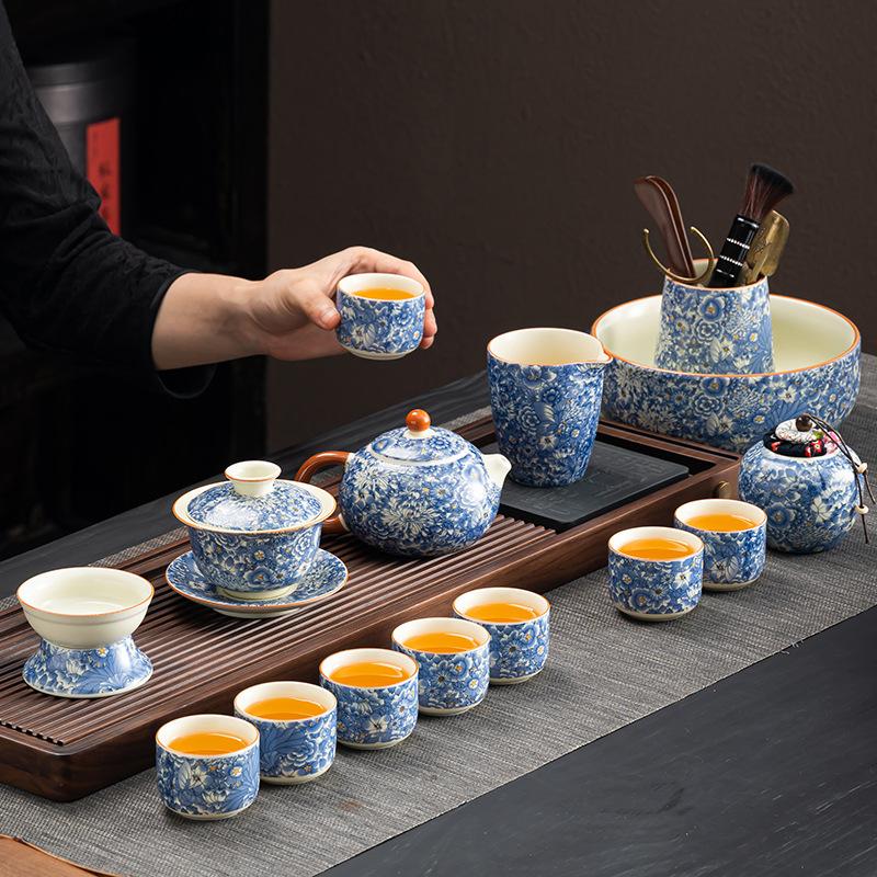 Light Luxury Flower Huang Ru Tea Set, Household Ceramic Opening Film Can Raise Retro Whole Set of Kung Fu Tea