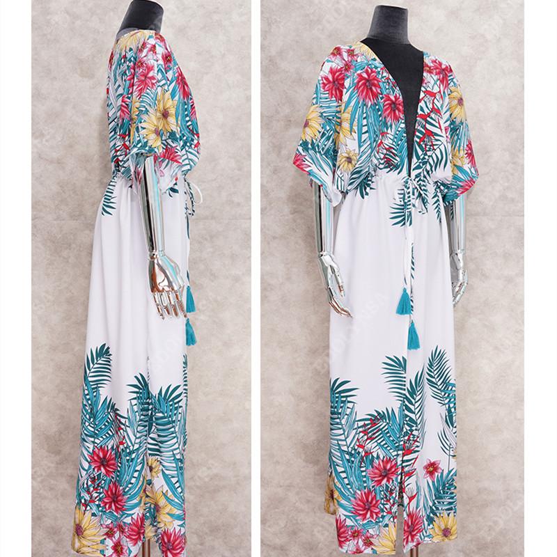 Пляжная накидка с цветочным принтом, туники для пляжа, длинный кафтан, накидка на бикини, халат de Plage, саронг, пляжный купальник, накидка Q1053