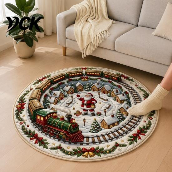 Snowman Pattern Floor Pad 3D Christmas Santa Rug, 24" Round Area Quilted-Look Non-Slip Winter Seasonal Cover Mat, Staircase Rug for Living