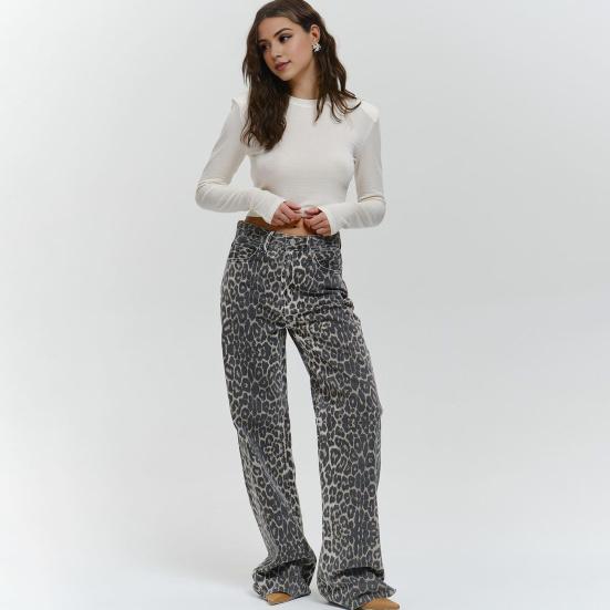 Женские широкие джинсы с высокой талией и пуговицами на молнии, длинные брюки с леопардовым принтом, свободные длинные брюки, карманы, дизайн, повседневные брюки