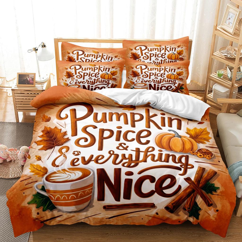 3Pcs Fall Harvest Thanksgiving Print Duvet Cover Set, Pumpkin Spice Latte Maple Leaf Cinnamon Stick Vintage Letter Print Bedding