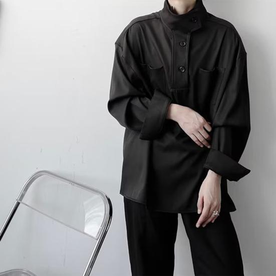 Женская рубашка с полувысоким воротником, пуговицами, полузастежкой, длинным рукавом, с карманами, однотонная свободная посадка, топы-пуловеры