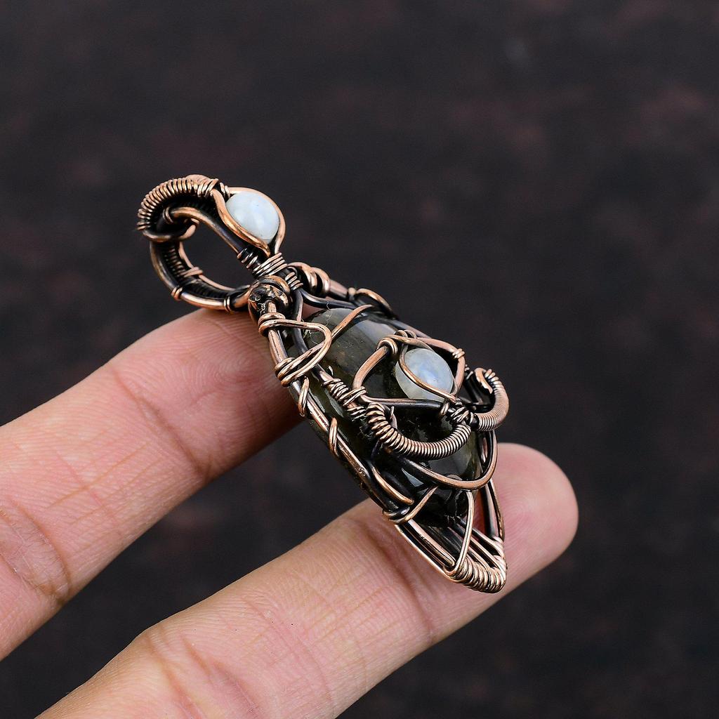 Подвеска из лабрадорита от сглаза, подвеска из медной проволоки, ручная работа, радужное украшение из лунного камня, подвеска из драгоценного камня, медное украшение, подарок на годовщину