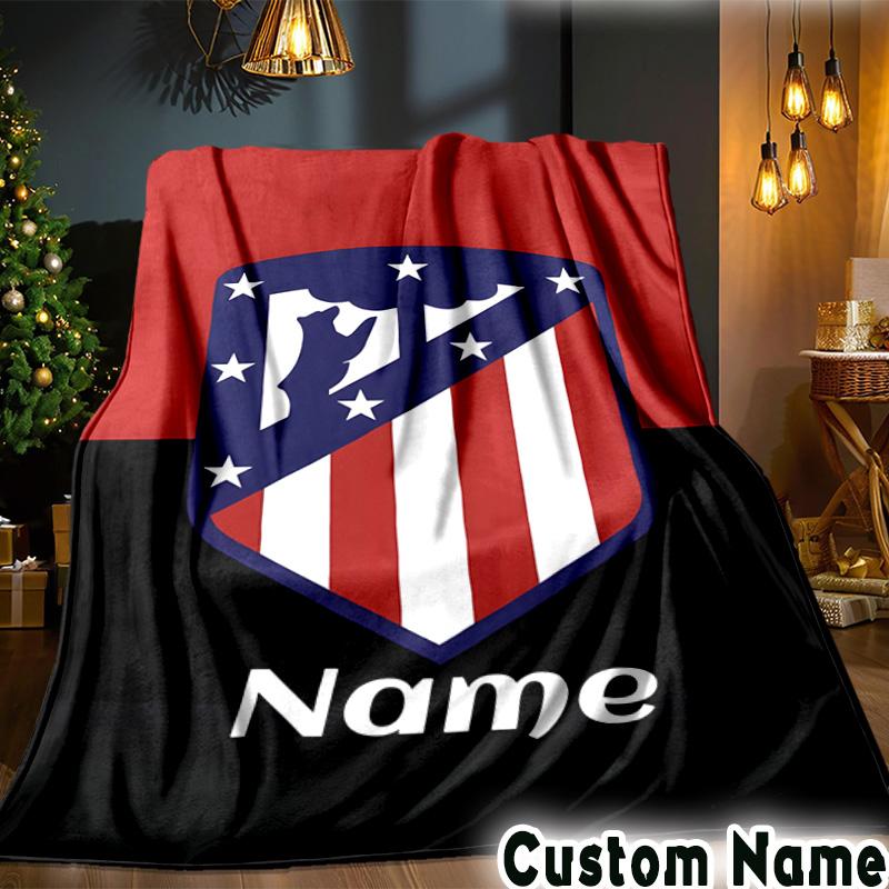 Custom Name Atletico Madrid Crest Throws Blanket Flannel Blankets for Couch Bed Gifts for Men Women Picnic blanket Christmas fan gifts