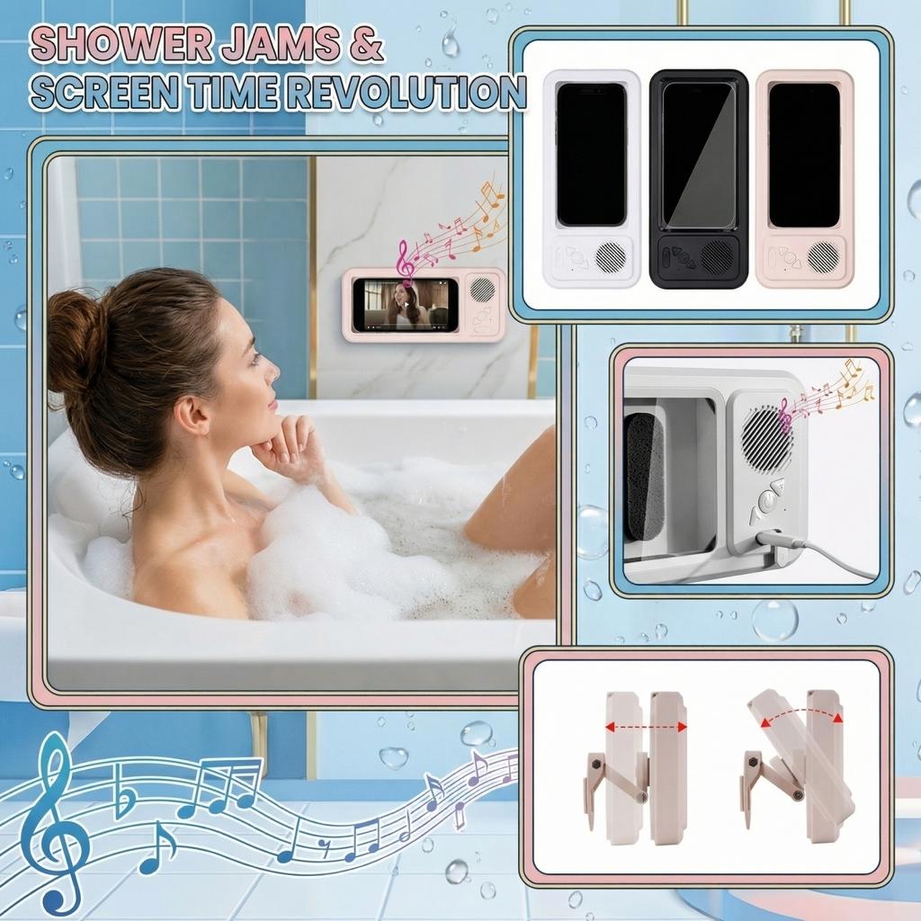 Waterproof Bathroom Phone Holder with Bluetooth Speaker Touchscreen Compatible Shower Phone Case Stand for Watching TV and Listening to Music