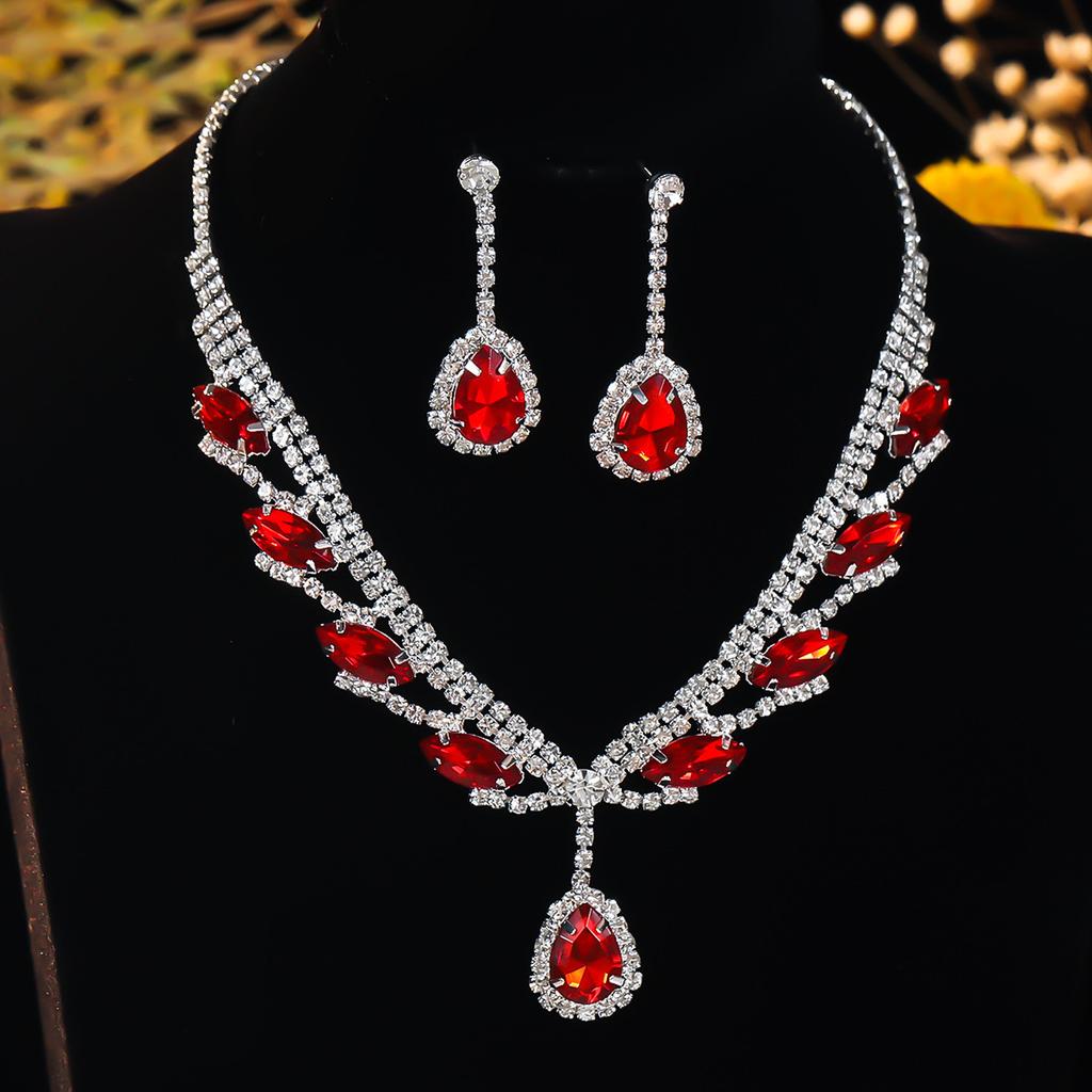 Luxury Sparkling Diamond Super Beautiful Necklace Earrings Set, Bridal Jewelry, Red Water Drop Pendant Earrings Two-piece Set