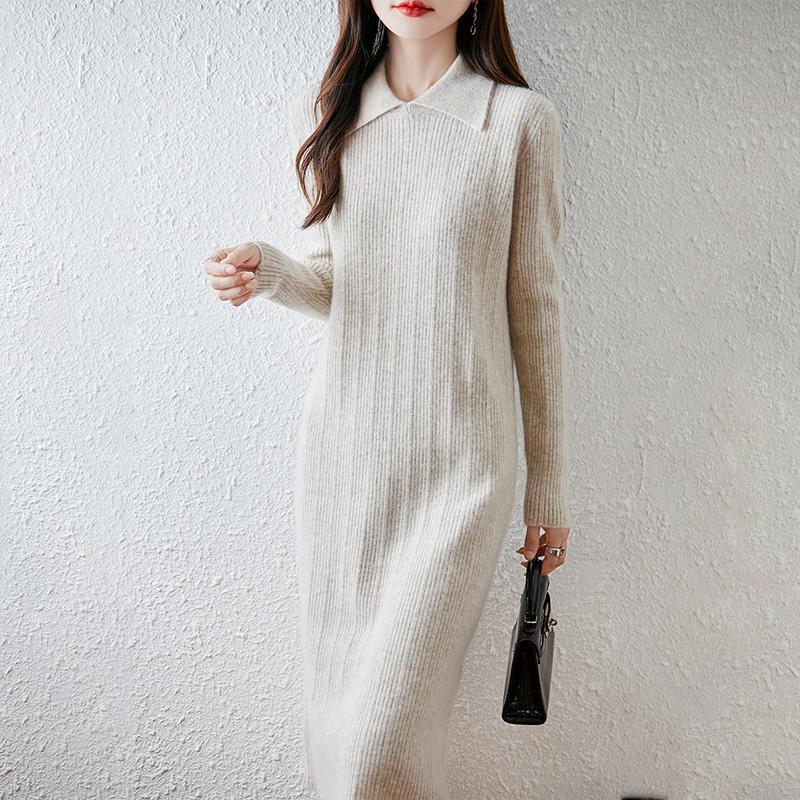Women Sweater Dress 100% Wool TIDENOVEL Turn-down Collar Knit Long Pullover Winter Jumpers Wool Long Dress Female