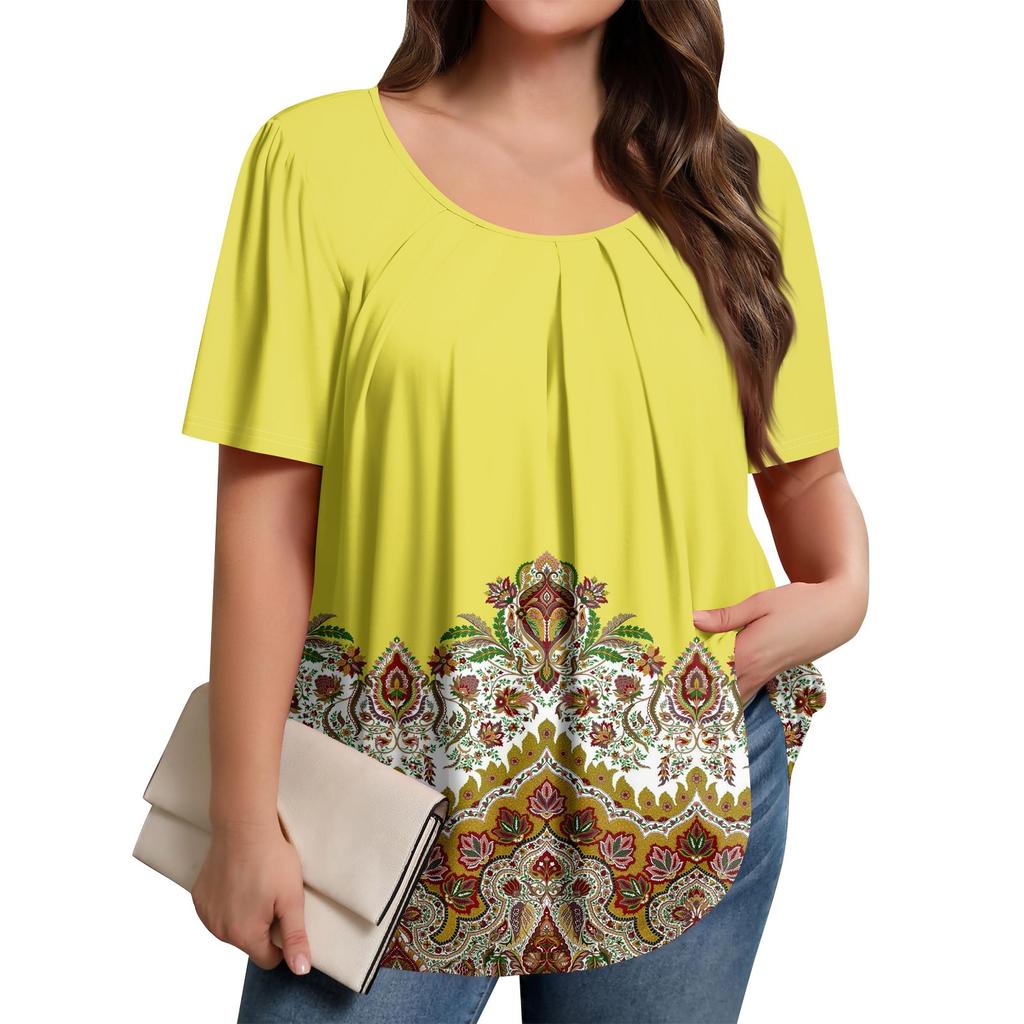Plus Size Women's Casual Round Neck Pleated Short Sleeve Solid Color Top