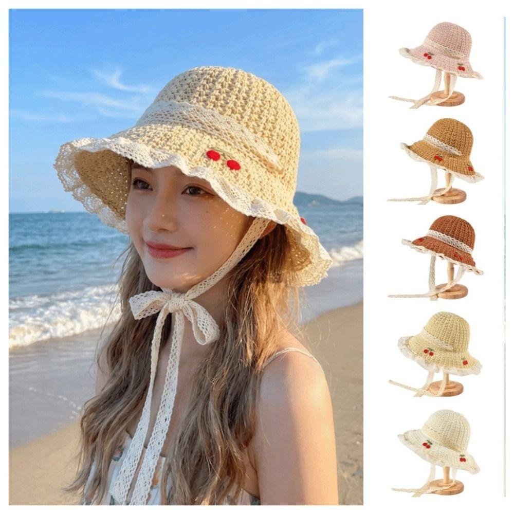 Cherry Embroidered Straw Fisherman Hat Lace Woven Bucket Hat Retro Women Sun Hat Ladies