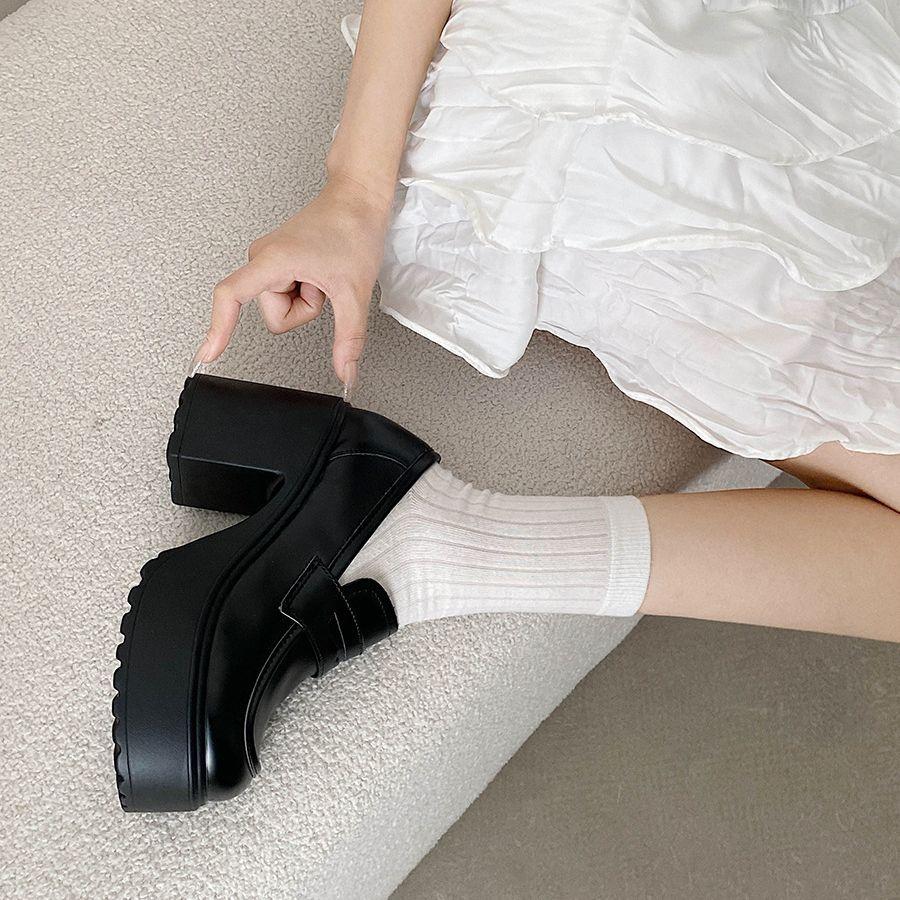 Туфли женские кожаные на платформе с одной педалью, в стиле ретро-колледжа, с круглым носком, черные, летние, на высоком каблуке, универсальные, в британском стиле