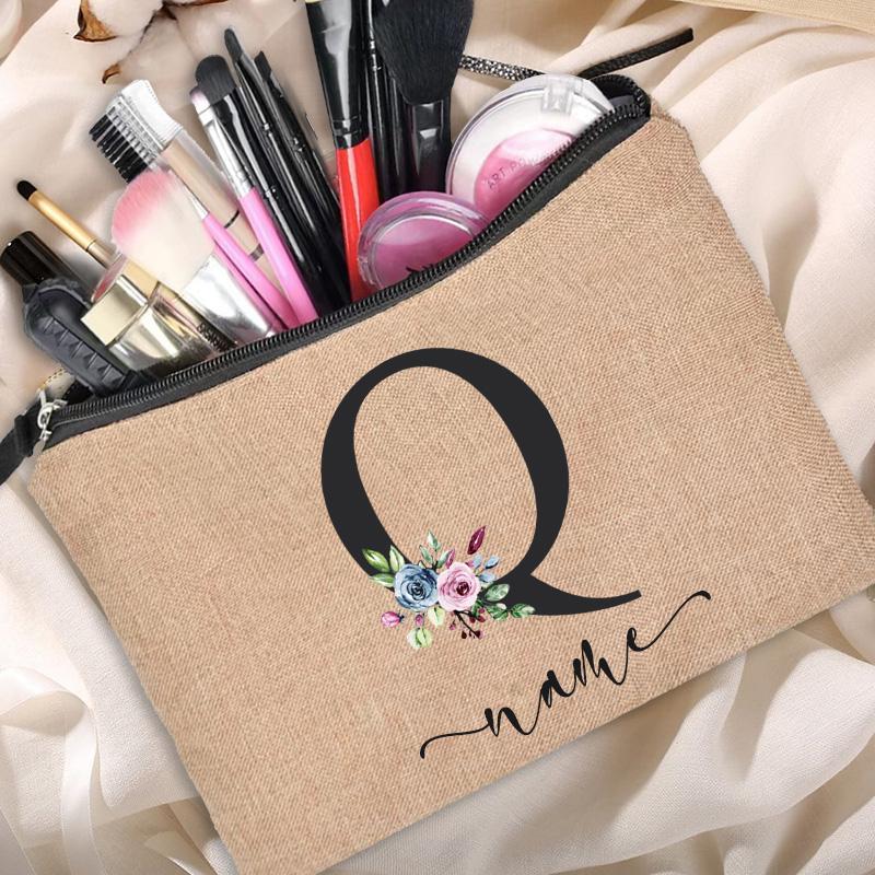 Linen Makeup Bag Customized Personalized Name Cosmetic Bag Bridesmaid Clutch Outdoor Travel Beauty  Bachelor Party Lipstick Bag