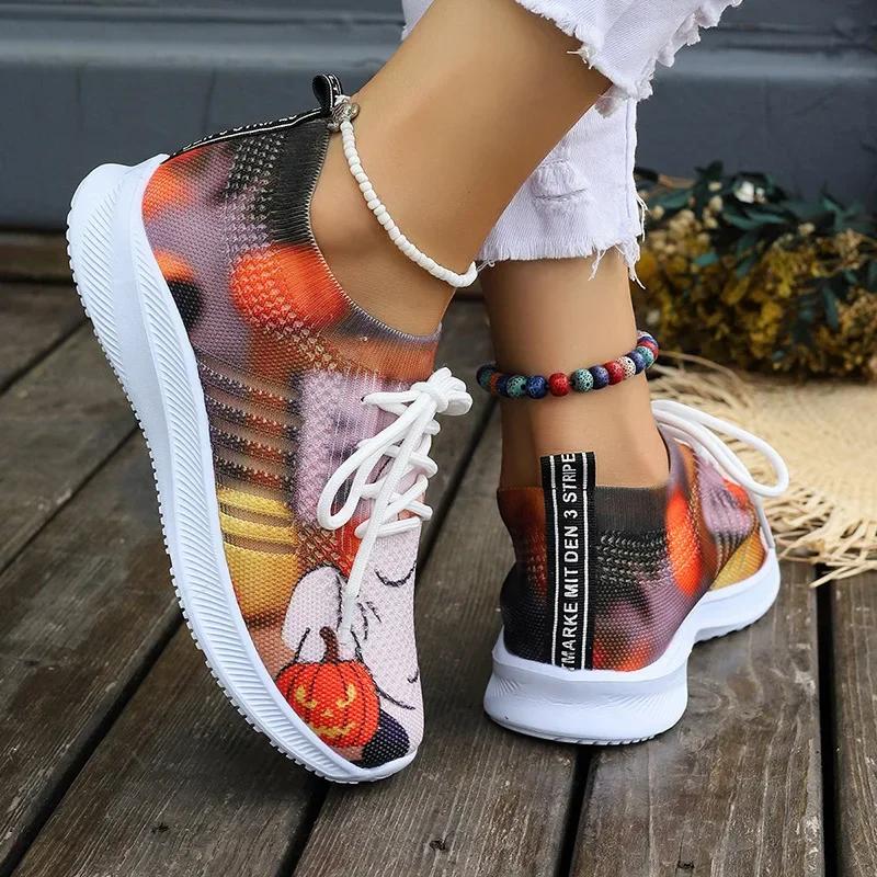 Модные женские кроссовки с принтом и вязанием, осенние новые дышащие сетчатые кроссовки для бега, женские повседневные туфли на плоской подошве, без застежек 20