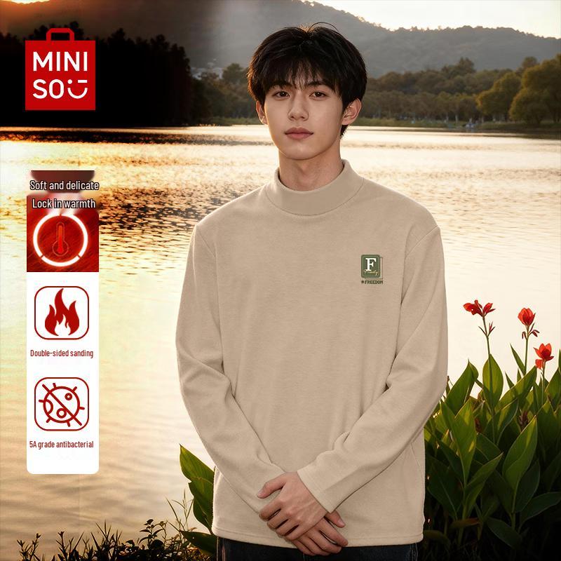MINISO Мужская футболка с длинным рукавом и воротником-стойкой, на флисовой подкладке