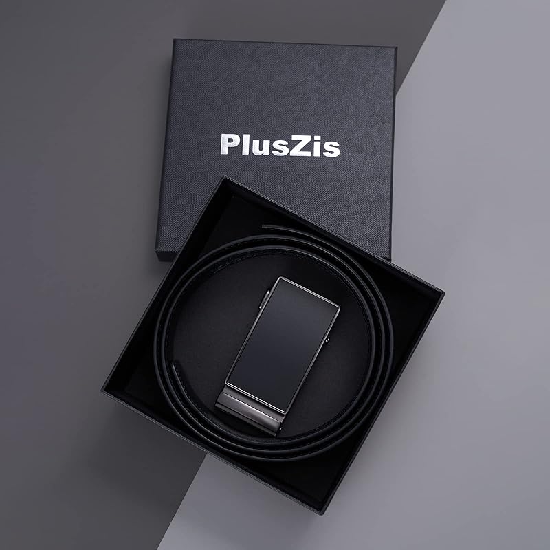 [PlusZis] 28 дюймов ~ 68 дюймов мужской кожаный ремень с застежкой-храповиком для больших и высоких людей с автоматической пряжкой, базовый черный с оружейным краем - черный. , Талия:28"-71"