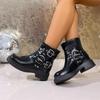 Fashion Punk Metal Belt Buckle Decoration Ankle Boots Women 2025 Autumn Medium Heel Slip On Western Booties Bohemia Brown Riding Boots