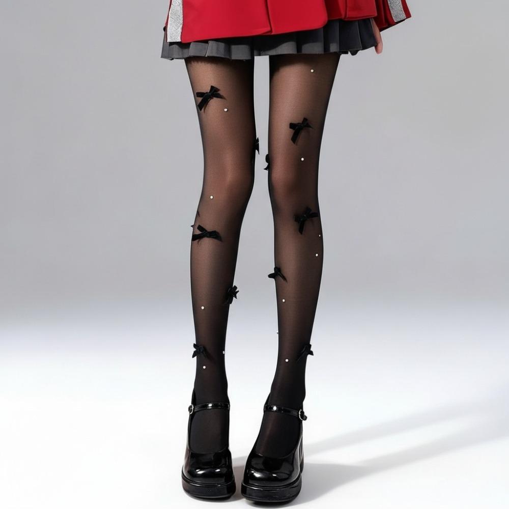 Pearl Embroidery Pearl Stockings Velvet Bow Pantyhose Fashionable Body Stockings Base Layer