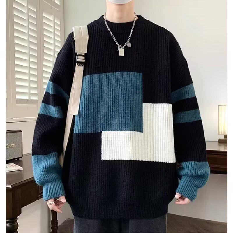 Мужской модный осенне-зимний вязаный свитер свободного кроя с цветными блоками