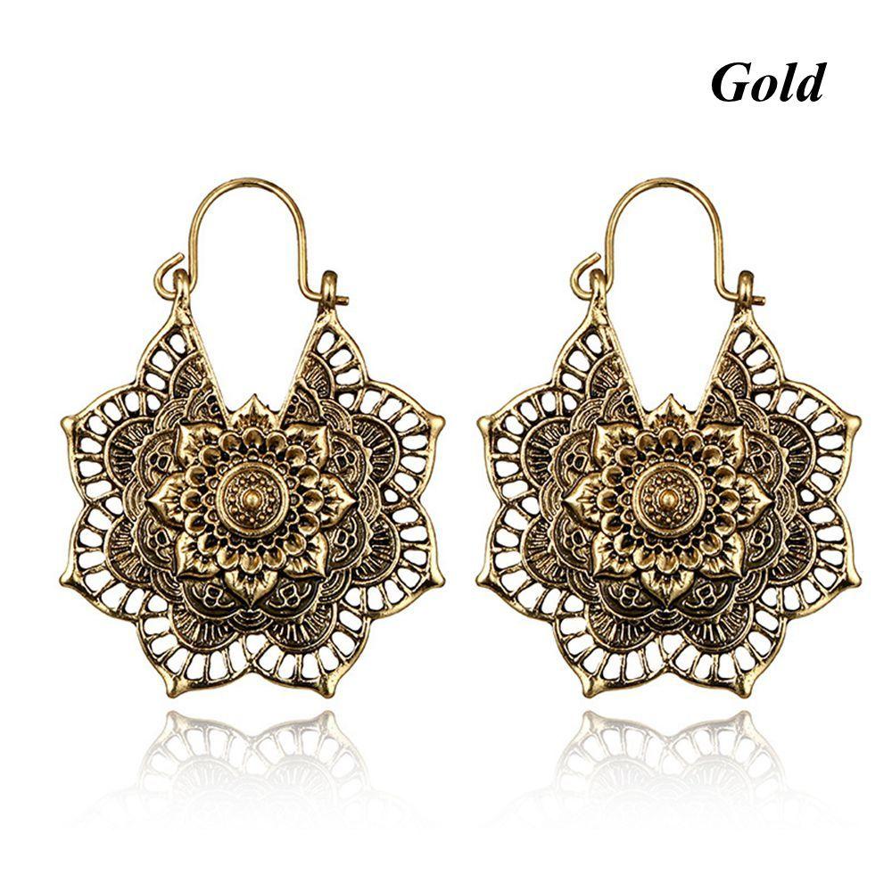 Антикварные племенные бохо висячие серьги-пусеты с полым кулоном в виде цветка мандалы