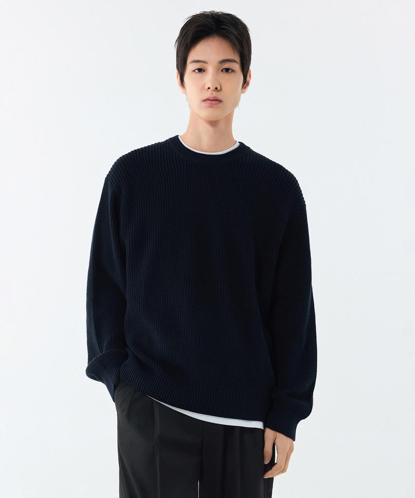MUSINSA STANDARD Cotton Ribbed Crew Neck Knit [Navy]
