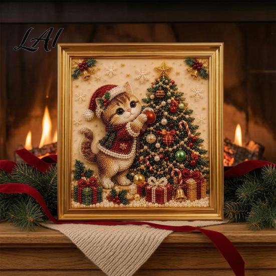 Relaxing Handmade Faux Pearl Sets Christmas Cat Art Kit with Frame Kitty Painting DIY Decorative Supplies Kit 3D Bead Wall Craft for Adults