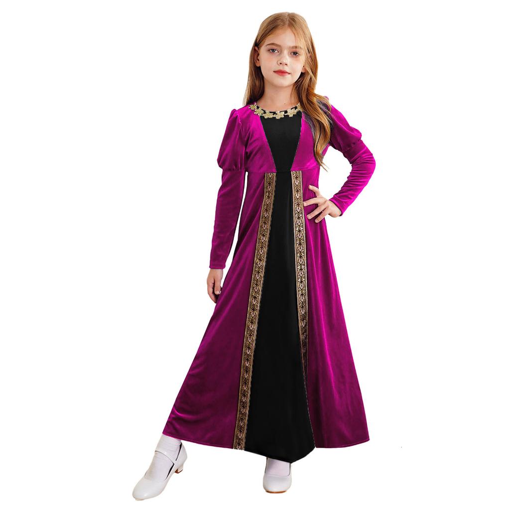 Kids Girls Medieval Costume Renaissance Princess Dress Velvet Long Sleeve Maxi Dress Cosplay Halloween Carnival Party Dress Up