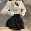 High-Waisted Retro Black Balloon Skirt with Double-Layer Elegant Shirt