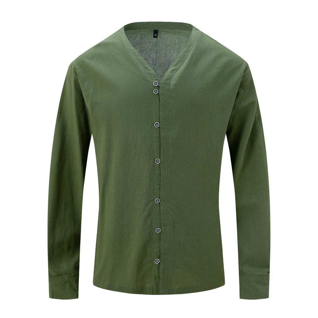 Men Stand Collar 7 Buttons Up Shirts White Black Blue Solid Long Sleeve Shirt Vintage Cotton Plus Size Tops