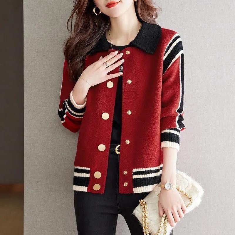 Женская осенне-зимняя куртка с лацканами, контрастного цвета, с длинным рукавом на пуговицах, модный повседневный топ