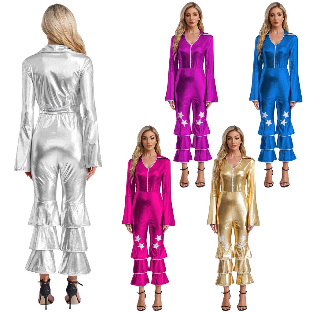 Womens 70s Retro Disco Long Sleeve Flared Jumpsuit Sparkle Costume