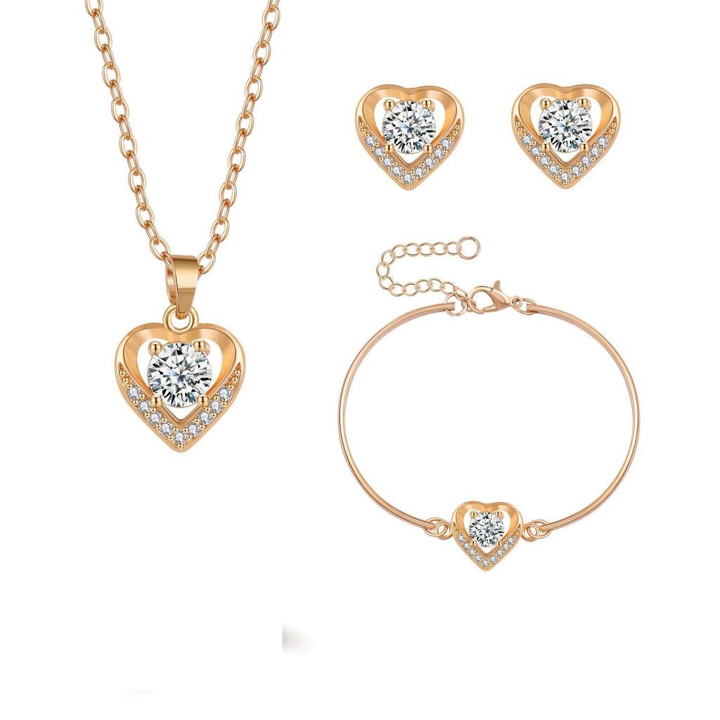 Европейский и американский стиль, позолоченный набор украшений в виде персикового сердца: Медные серьги, ожерелье и кольцо с микроинкрустацией цирконами.