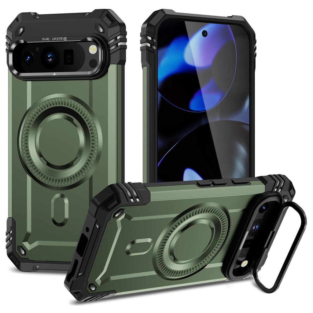 For Google Pixel 9/9 Pro Case Compatible with MagSafe Metal Lens Frame Kickstand PC+TPU Mobile Cover